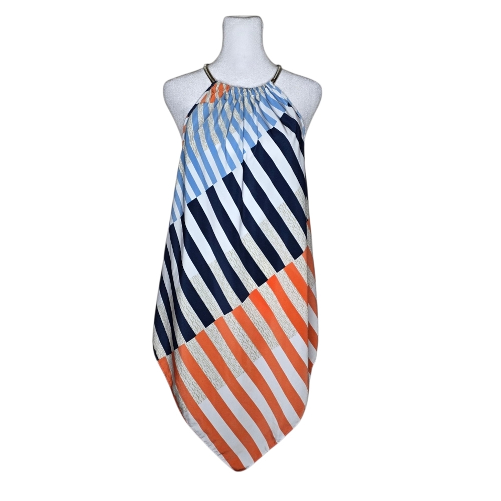 Alfani Womens Blue Orange Blouse V-Hem Tunic Length Size Medium